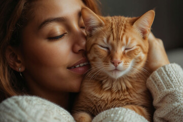 Face of black young woman hugs ginger cat