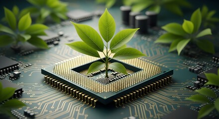 Green technology concept with a plant growing from a computer processor surrounded by circuit boards and leaves