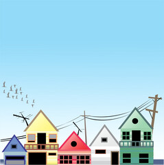 Colorful vector illustration of houses in a row with power lines and birds flying in the blue sky.