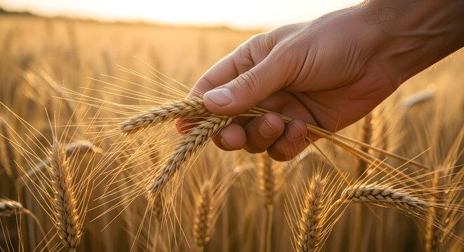 Farmer inspects golden wheat field at sunset, harvest bounty awaits