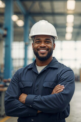 Portrait of happy man engineer in work uniform, helmet stands at factory