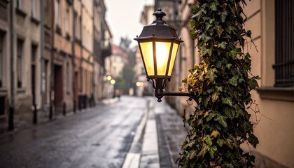 Old Gas Street Lamp with Ivy on a Wet Rainy City Street