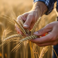 Farmer inspects ripe wheat ears in golden sunset field