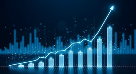Futuristic glowing blue bar graph with upward trending line and abstract digital background