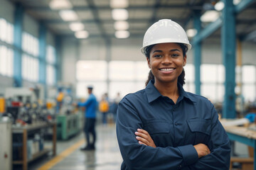 Portrait of happy black woman engineer in work uniform, helmet stands at factory, technician in manufacturing, workplace, industrial job