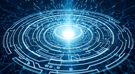 Abstract glowing blue circular energy vortex with intricate technological circuit board patterns