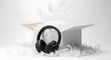 Unboxing pure sound immersion with plush headphones and ethereal feathers