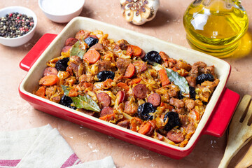 Traditional Polish dish Bigos with cabbage and meat. National cuisine.