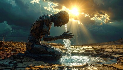 Cracked Man Pouring Water in Dry Desert for Salvation