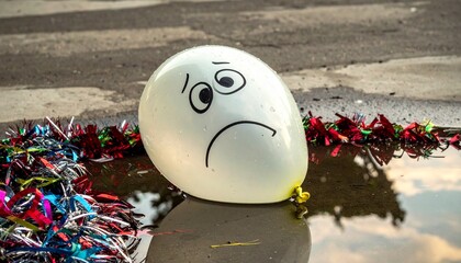Sad Deflated Balloon Lying in Puddle After Party