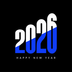 Happy New Year 2026 &ndash; Modern Typography Design with Blue & White Split Numbers on Black &ndash; Stylish Vector for Banners, Social Media & Celebration Graphics