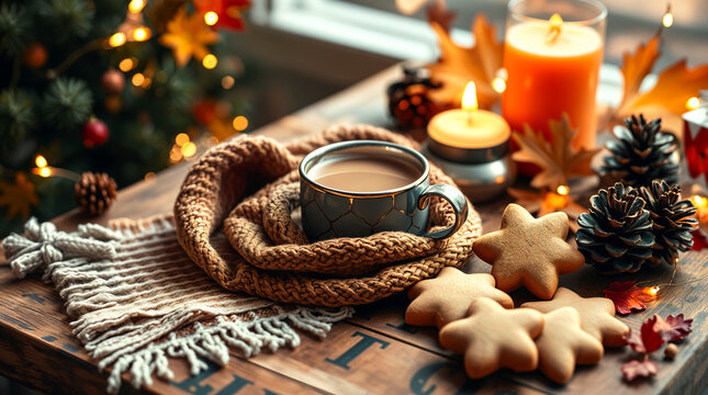 Warm cozy scene with a cup of cocoa with a gold rim, cookies, pine cones, and decorations on a wooden table by the Christmas tree