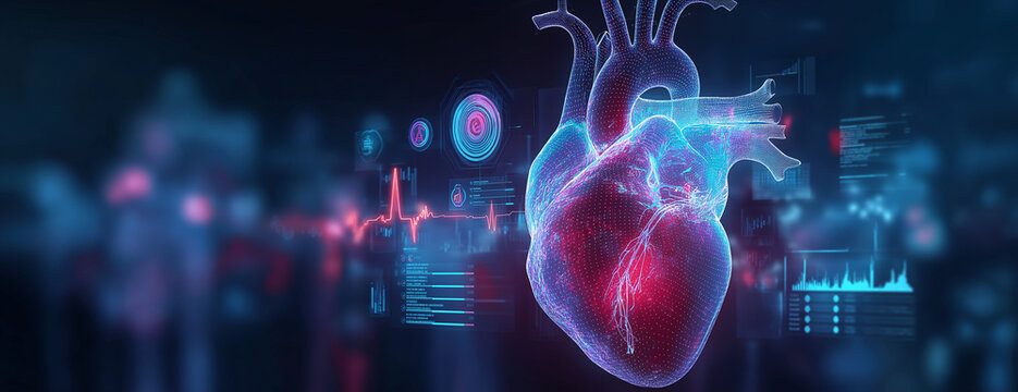  a digital human heart with holographic health data and infographic elements surrounding it, symbolizing advanced medical technology in cardiology. the background is dark to emphasize the glowing effe - Powered by Adobe