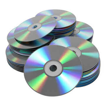 Shiny discs stacked high isolated on a transparent background