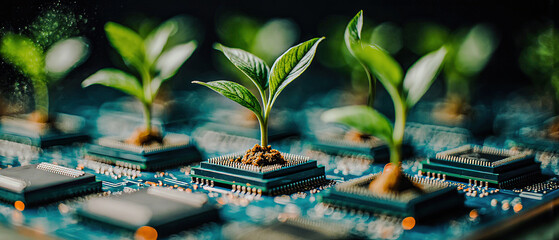 ecology, sustainable eco-friendly technology tech, modern computer chip green leaves	