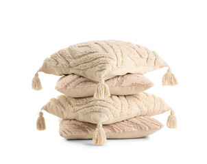 Soft beige pillows on white background
