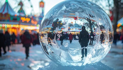 Frozen Ice Sphere Reflecting People at Winter Festival