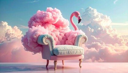 Surreal Pink Flamingo on Upholstered Chair with Cloud Back