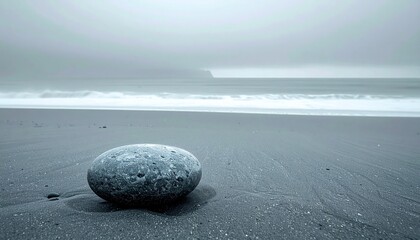 Smooth Grey Beach Stone on Black Sand with Moody Ocean