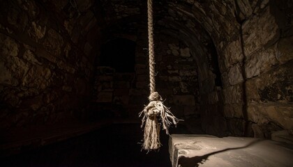 Thick Rope Hanging from Dark Stone Tunnel Ceiling