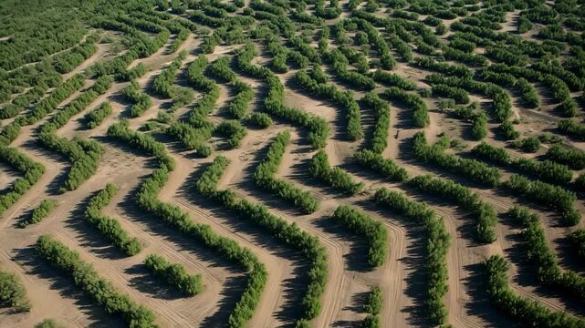 Medium view of planning an irregular orchard with uneven tree row patterns showcasing the unique natural design for diverse plant adaptation