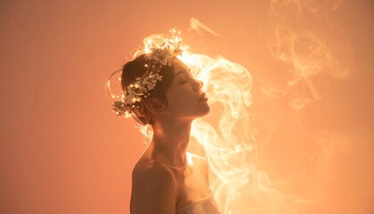 Ethereal Woman with Flower Crown and Glowing Smoke Aura