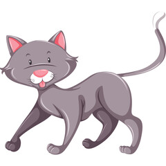 Gray Cat with Pink Accents Walking with Tongue Out on Transparent Background Detailed Cute Cartoon Illustration