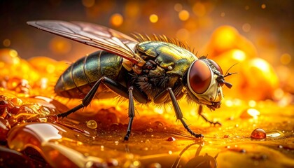 Extreme Macro Close Up of Fly on Golden Honey or Amber