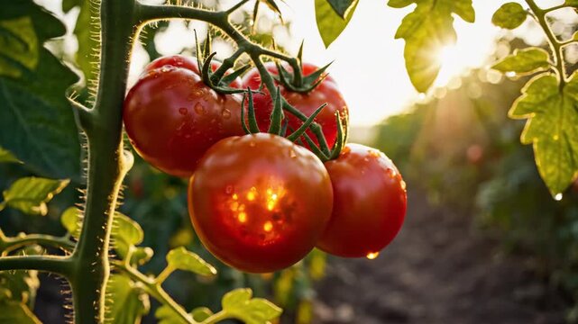 A tomato branch with 4 red tomatoes glistening under bright sunlight in a garden setting