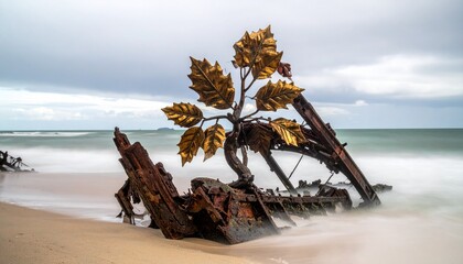 Golden Holly Tree Growing from Rusted Shipwreck on Beach