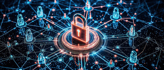 A digital interface with multiple encryption layers and firewall protection, surrounded by complex networks, highlighting data breaches and the importance of data security.	