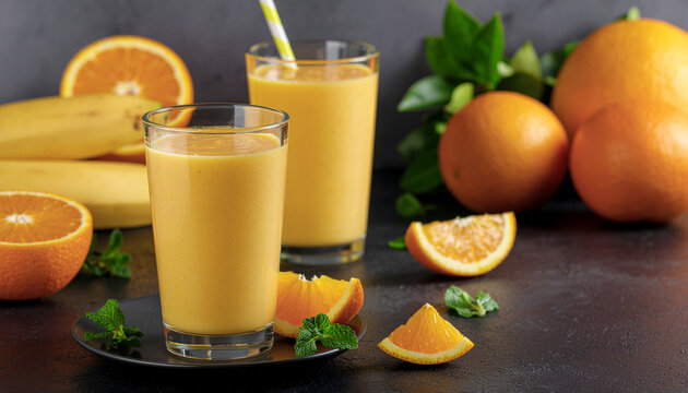 Two glasses of vibrant yellow-orange smoothie made from fresh bananas and oranges, garnished with mint, set on a dark background with whole fruits.