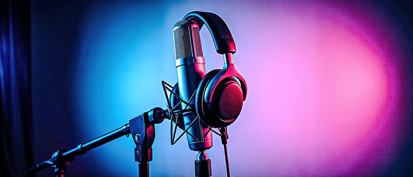 Neon cyan and magenta lights shine on a podcasting microphone and headphones, set on a black stand in a professional sound recording studio.
