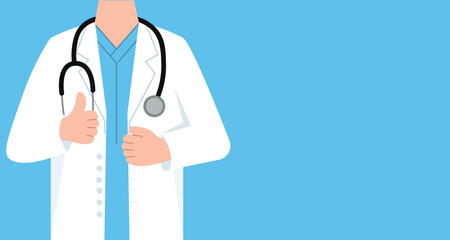 Doctor in white coat with stethoscope giving thumbs up on blue background