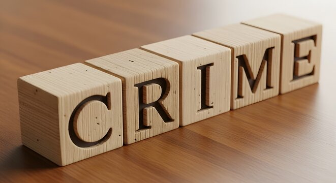 Wooden blocks spell CRIME on a textured wooden surface