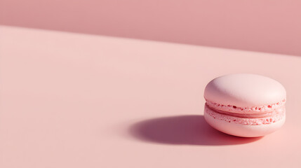 Single pink macaron on a soft pink surface casting a delicate shadow, showcasing minimalist dessert aesthetics perfect for food photography and culinary art designs.