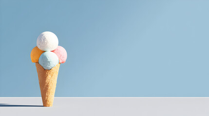 Colorful Ice Cream Cone with Various Flavors Against a Simple Blue Background Perfect for Summer Treats and Dessert Enthusiasts