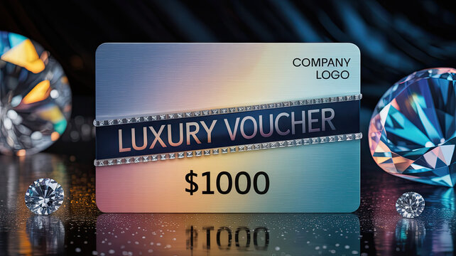 Luxury voucher card with diamonds and reflective surface in dark setting  
