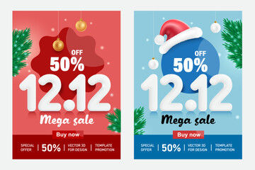 12.12 mega sale promotion ad template with 50% off banner, two designs in blue and red tones, in December Christmas and New Year theme, vector 3d illustration for promotion advertising design