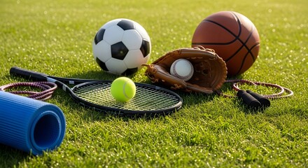 Diverse sports equipment on lush green grass, ready for action