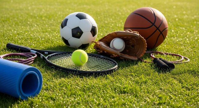Diverse sports equipment on lush green grass, ready for action