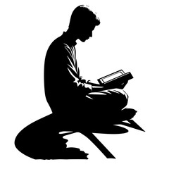 Muslim Reading Quran Silhouette Vector Illustration Black and White, Islamic People Sitting and Reading Holy Book, Man and Woman Worship, Religion and Faith Concept Line Art