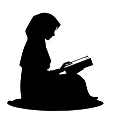 Muslim Reading Quran Silhouette Vector Illustration Black and White, Islamic People Sitting and Reading Holy Book, Man and Woman Worship, Religion and Faith Concept Line Art