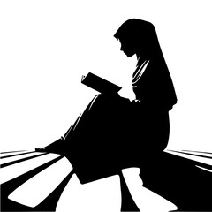 Muslim Reading Quran Silhouette Vector Illustration Black and White, Islamic People Sitting and Reading Holy Book, Man and Woman Worship, Religion and Faith Concept Line Art
