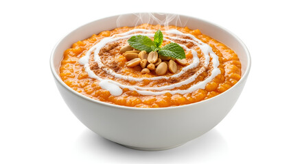 A steaming bowl of creamy orange soup, garnished with peanuts, mint, and a swirl of cream.