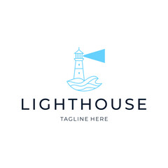 Fototapeta premium Line art lighthouse logo design. geometric ocean flat icon illustration vector