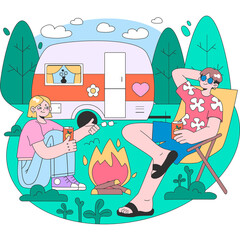 Couple Relaxing by Campfire with Caravan in Forest Scene at Daytime with Green Trees and Blue Sky
