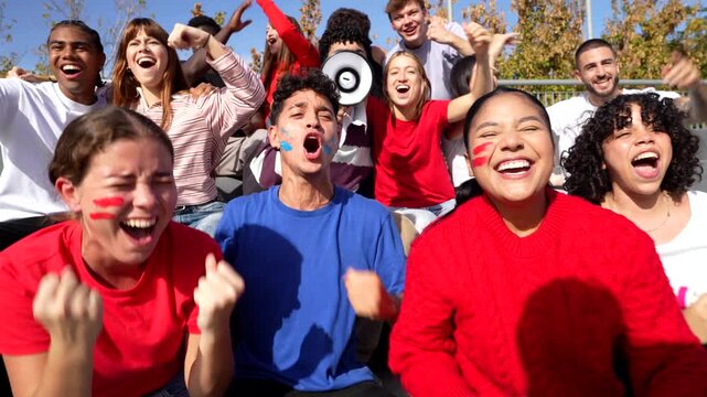 Excited group of friends cheering at a sports stadium event