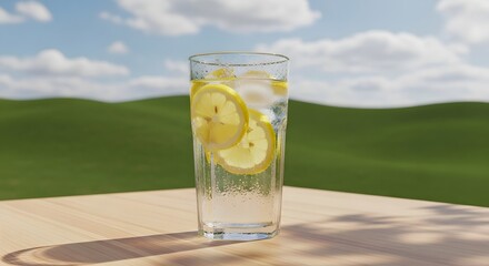 Homemade Lemon Water with Ice and Fresh Lemon on Table
