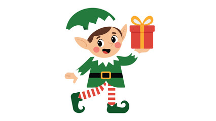 Naklejka premium Festive Elf with Gift: A cheerful elf, clad in traditional attire, joyfully carries a wrapped present, embodying the spirit of giving and holiday cheer.
